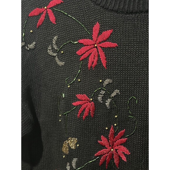 Nutcracker Tunic Sweater Women’s Medium Beaded Poinsettia Holiday Black Dress - Picture 3 of 8